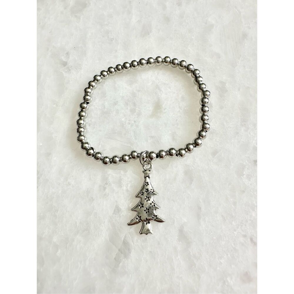 Christmas tree silver color bead stretch bracelet